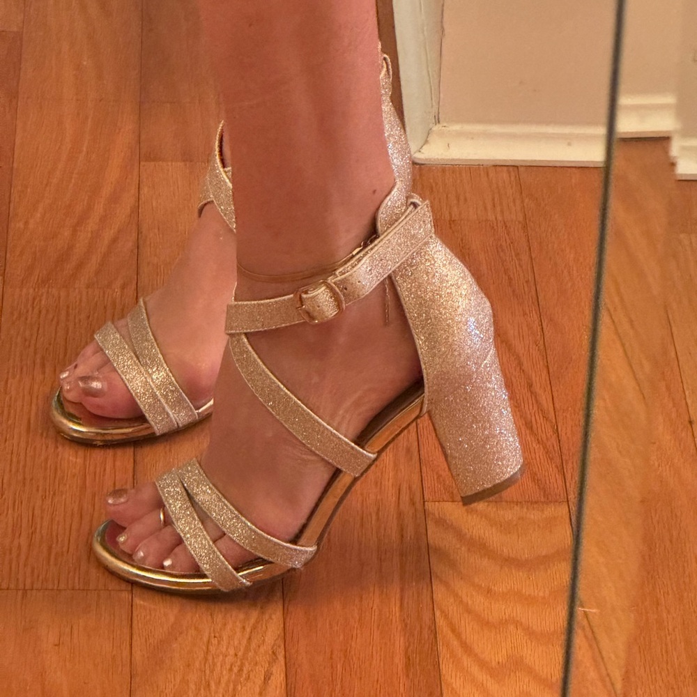 Elegant Gold Glitter Block Heel Sandals